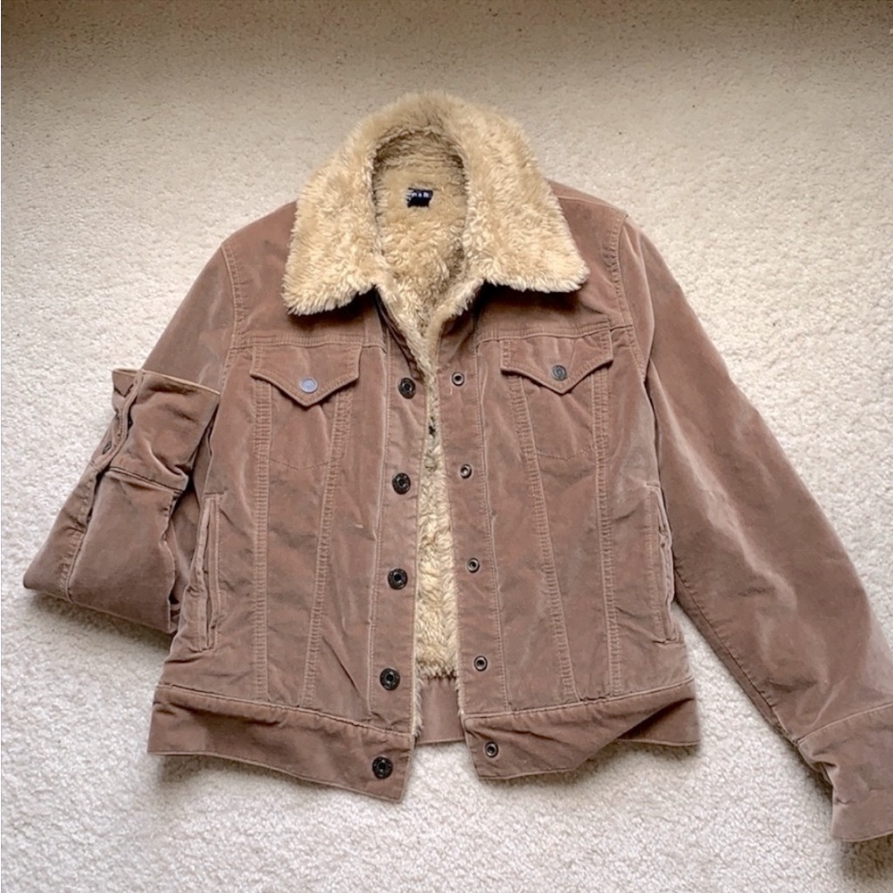 Vintage Gap Suede & Faux Fur Teddy Bear Button Up Bomber Cropped Jacket, Size S